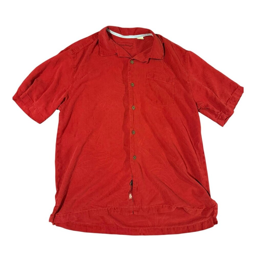 Tommy Bahama 100% Silk Medium Coral Hawaiian/Camp Shirt Men’s Palm Pattern